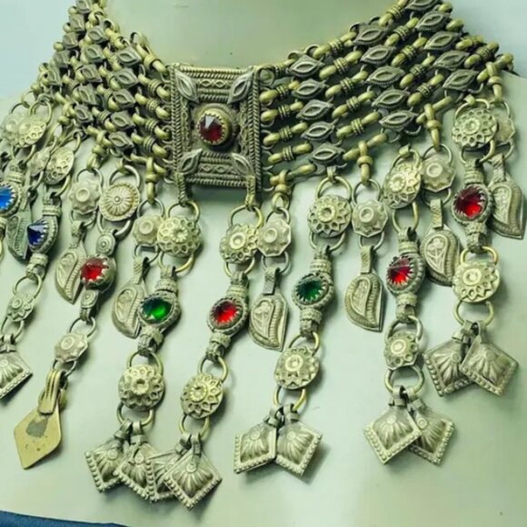 Tribal Kuchi Necklace, Dangling Tassels Vintage Choker Necklace, Boho Statement - Picture 4 of 10